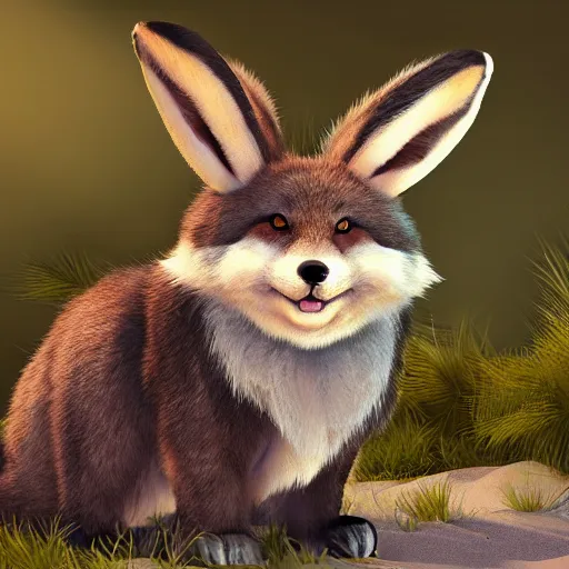 Image similar to a photorealistic adorable chubby charming but vicious fennic fox wolf rabbit hybrid, long fuzzy fur, with long floppy rabbit ears, wearing bows on the top of its head, grinning at the camera with a mischievous look, sharp teeth, happy lighting, at a tropical beach