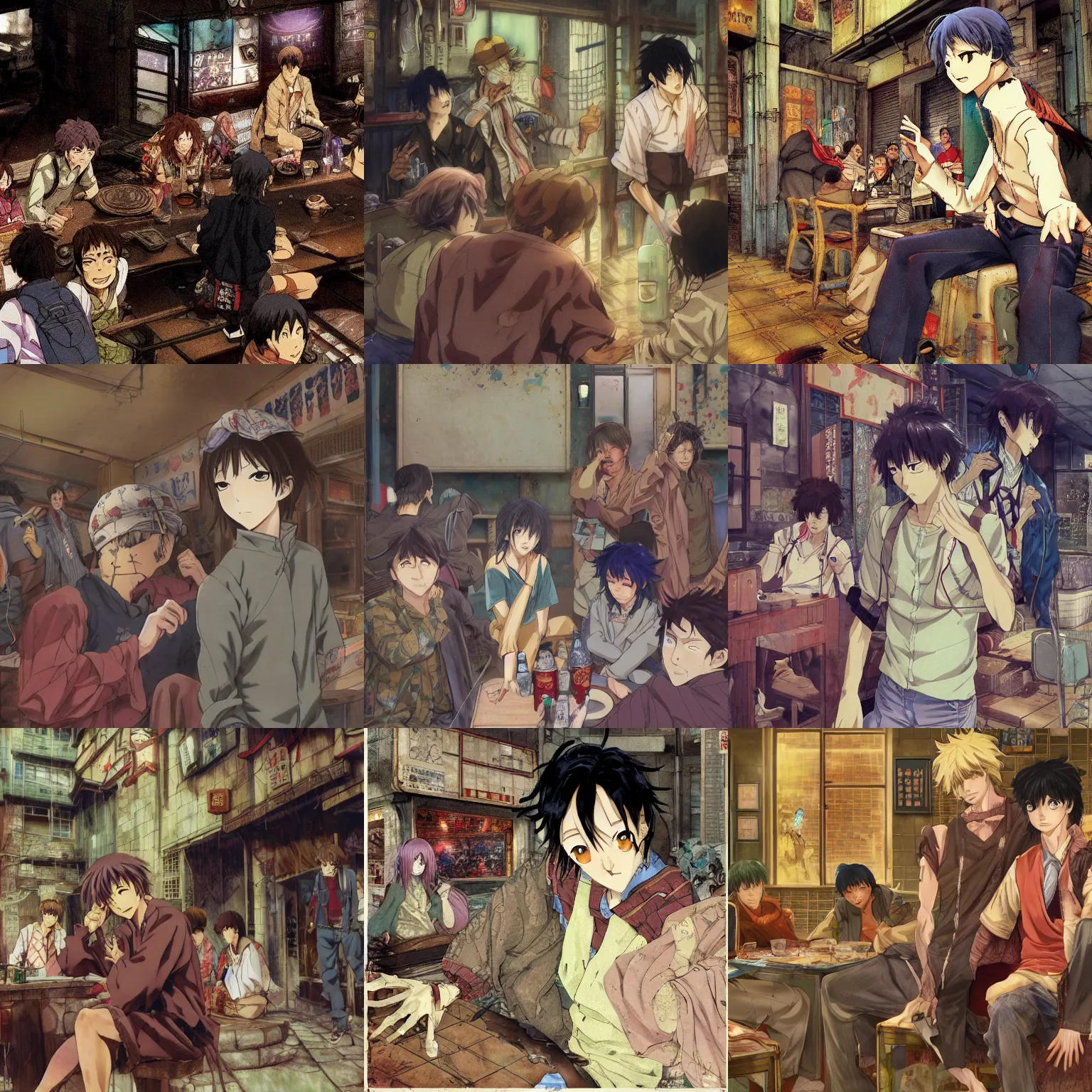 Prompt: an anime about a lamia man wearing raggedy clothes and seated in a run down but crowded tavern, art by yuji ikehata and satoshi kon, background art by miyazaki, realism, proper human male proportions, fully clothed, vhs