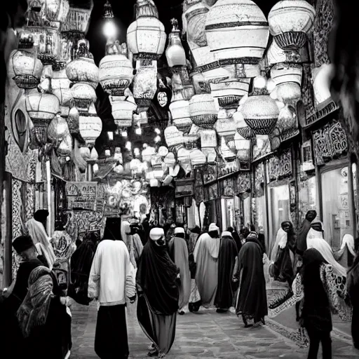 Image similar to arabic lantern bazaar, award winning black and white photography