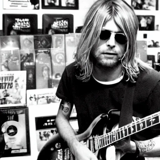 Prompt: kurt cobain smashing foo fighters cds at tower records in 1 9 9 6