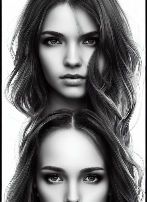 Image similar to full body portrait of a beautiful young woman in black and white, photorealistic, hair down to waist, sharp focus, in the style of Kevin Kostic, Stephen Lau and artgerm, hyper sharp focus, 8k highly detailed