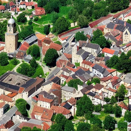 Image similar to aerial view of a small medieval town, rural, blacksmith, town square, church, cartographism!!!!