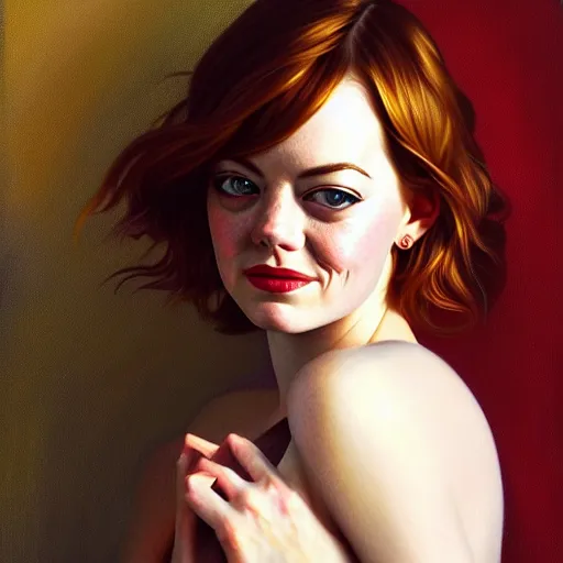 Image similar to oil portrait of emma stone, intricate, elegant, highly detailed, lighting, painting, artstation, smooth, illustration, art by greg rutowski and alphonse mucha