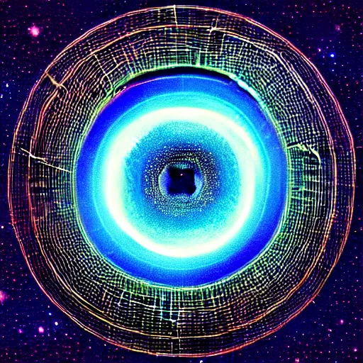 Image similar to a black hole at the center of a golden wireframe geometric structure, deep blue and dark cyan nebula background, highly detailed artwork