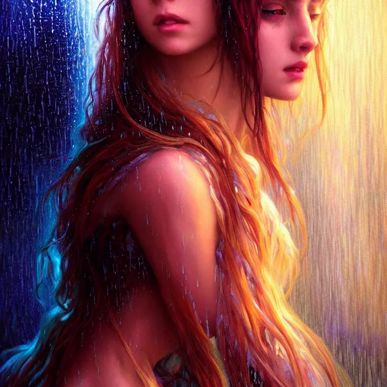 Image similar to bright asthetic portrait LSD glowing backlit rain on face and wet hair, fantasy, intricate, elegant, dramatic lighting, highly detailed, lifelike, photorealistic, digital painting, artstation, illustration, concept art, smooth, sharp focus, art by John Collier and Albert Aublet and Krenz Cushart and Artem Demura and Alphonse Mucha