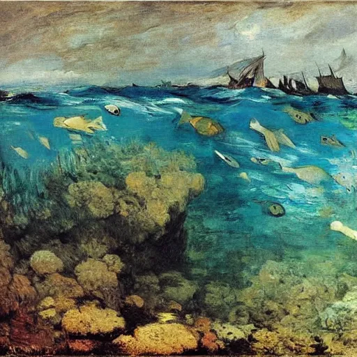 Image similar to underwater scene of a coral reef teeming with aquatic life, by Gustave Courbet Edouard Manet Jean-Francois Millet