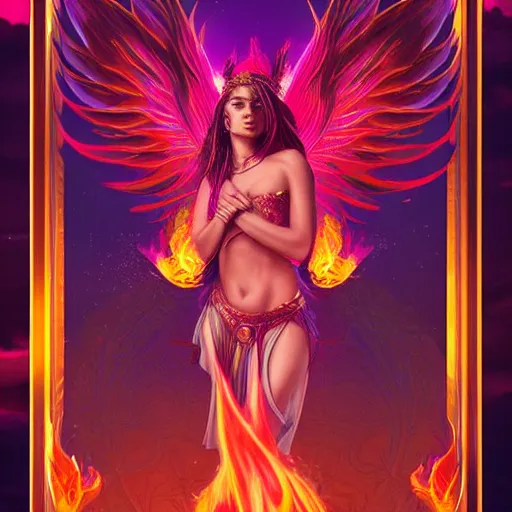 Prompt: Beautiful portrait of a glowing purple & red phoenix goddess, with flames and smoke in her hair, surrounded by orange flames, Major arcana card tarot card, extremely high detail, intricate details, 8k octane rendered, litmus reflective dramatic lighting anime vibes