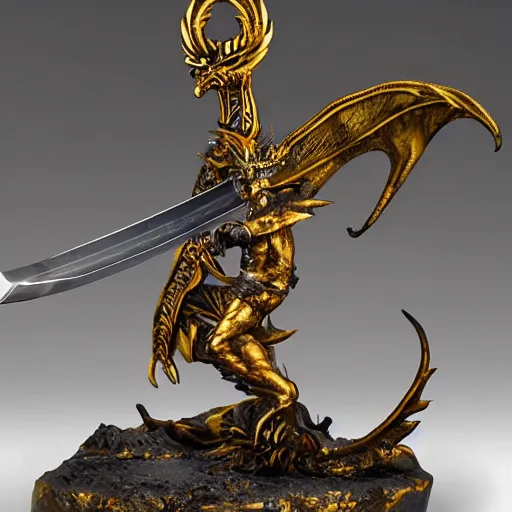Image similar to A burning steel longsword, with an image of a champion striking down a cave dragon on the blade, in gold