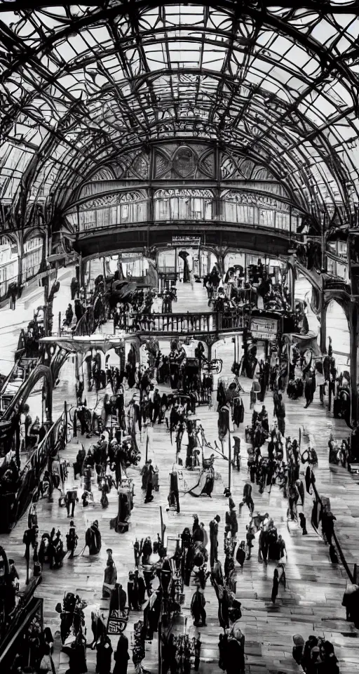 Image similar to interior of a steampunk victorian railway station, people everywhere, atmospheric, dramatic architecture