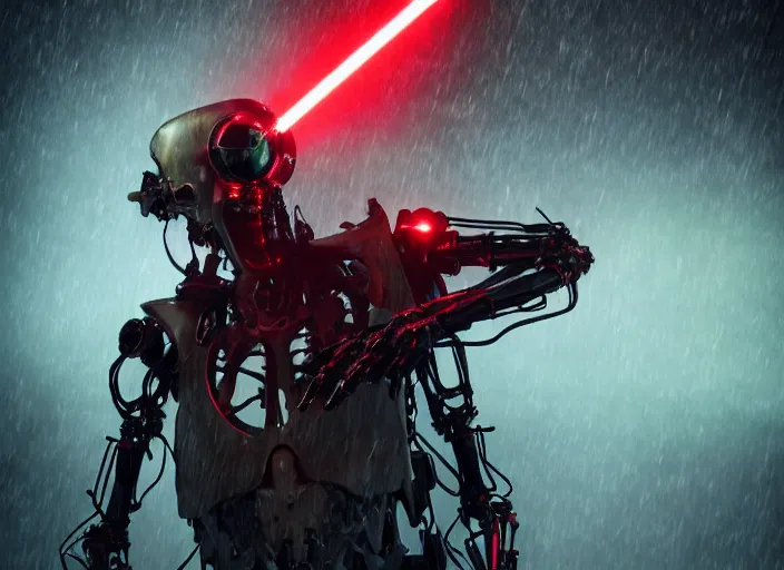 Prompt: portrait photo of general grievous with heavy duty biomechanical cybernetic body with 4 arms holding 4 activated red lightsabers in the rain. cyberpunk horror style.