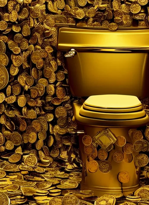 Prompt: photo of a golden toilet with dollars inside it, ultra detailed