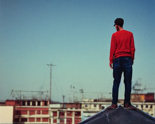 Image similar to lomo photo of man standing on the roof of soviet hrushevka, small town, cinestill, bokeh, out of focus