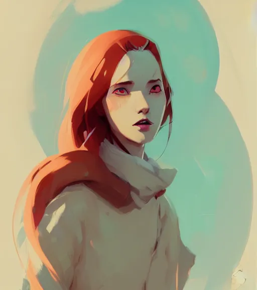 Image similar to portrait of a female mage, red hair, by atey ghailan, by greg rutkowski, by greg tocchini, by james gilleard, by joe fenton, by kaethe butcher, dynamic lighting, gradient light blue, brown, blonde cream and white color scheme, grunge aesthetic