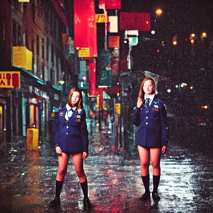 Image similar to night flash portrait photography of a high school girl in uniform on the lower east side by annie leibovitz, colorful, nighttime!, raining!