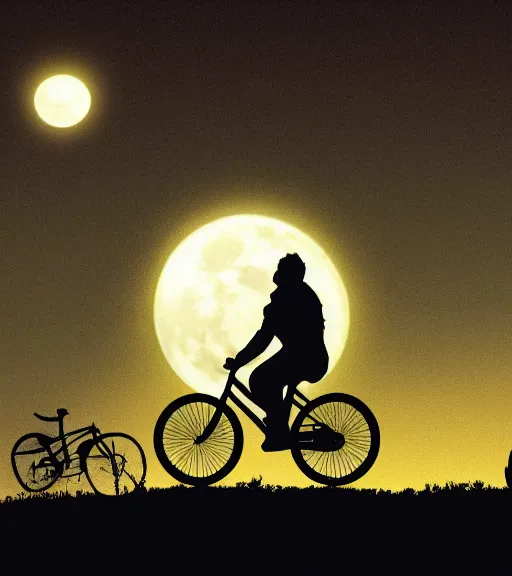 Image similar to superman riding a bike across the full moon as silhouette, from the movie e. t. the extra terrestrial, with dark trees in foreground, cinematic frame by steven spielberg, hd