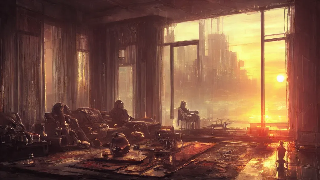 Prompt: Cyberpunk interior, living room, sunset, painted by seb mckinnon, high detail, digital art, trending on artstation