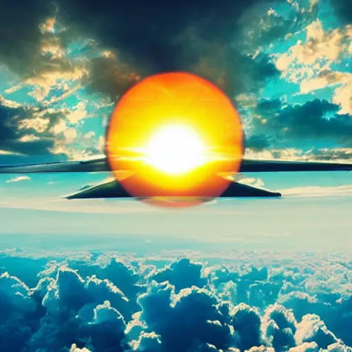 Prompt: a huge eye is visible from behind the clouds lit by the sun, a stunning collage, at the height of the plane, amazing beauty, blue sky, album cover