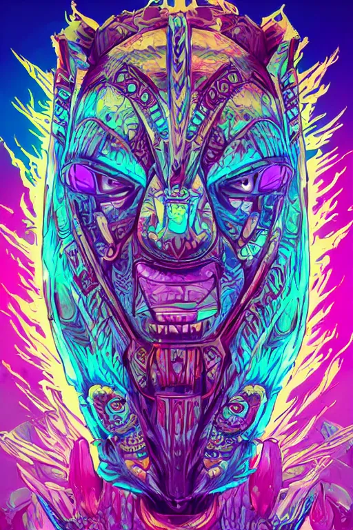 Image similar to totem animal tribal chaman vodoo mask feather gemstone plant video game illustration vivid color borderlands by josan gonzales and dan mumford radiating a glowing aura