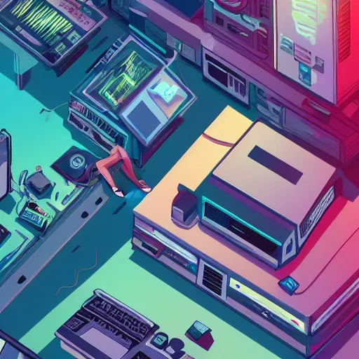 Prompt: aerial view of a guy laying on the floor of his bedroom surrounded by electronics computers food video games, vaporwave colors, faded effect, highly detailed, digital painting, artstation, concept art, soft light, sharp focus, illustration