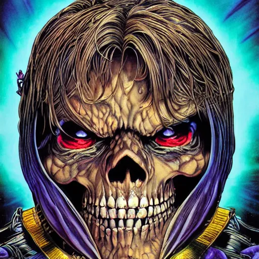 Image similar to portrait of crazy he - man skeletor, symmetrical, by yoichi hatakenaka, masamune shirow, josan gonzales and dan mumford, ayami kojima, takato yamamoto, barclay shaw, karol bak, yukito kishiro