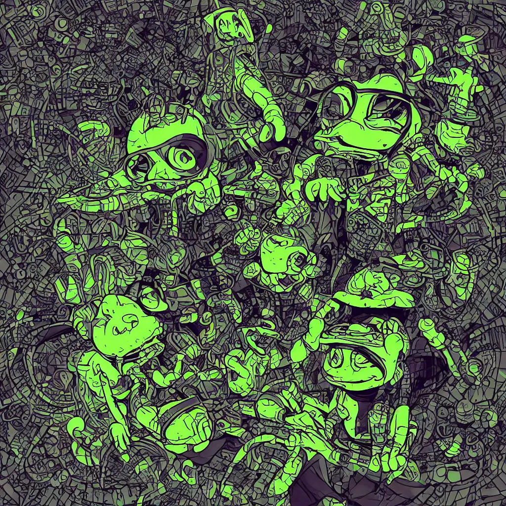 Image similar to toad head, ryuta ueda artwork, breakcore, style of jet set radio, y 2 k, gloom, space, frequency, subtle glitches, frogs, amphibians, sacred geometry, data, minimal, code, cybernetic, dark, eerie, cyber