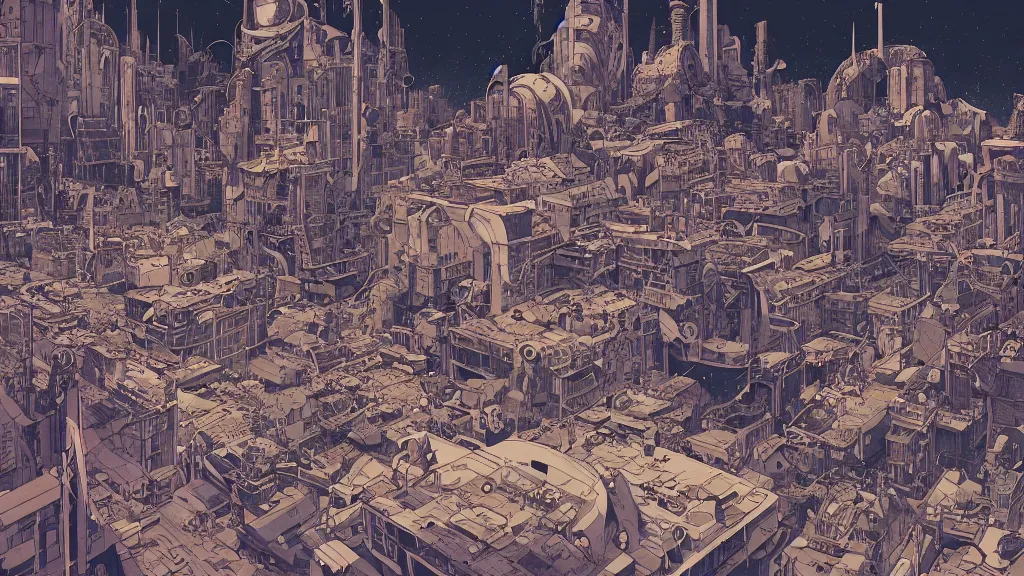 Prompt: very detailed, epic art nouveau graphic novel, ilya kuvshinov, mcbess, rutkowski, simon roy, illustration of space dystopian metropolis, illustration of decrepit cyberpunk arcologies, space junk falling from sky, wide shot, colorful, deep shadows, astrophotography, hyperdetailed, cybernetics, cryengine, realistic shaded lighting, sharp focus