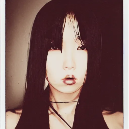 Image similar to atmospheric upper body polaroid photograph of female japanese model in emo makeup, long hair, fringe