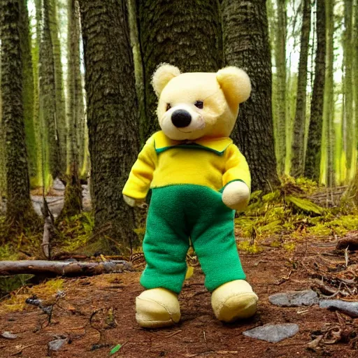 Prompt: a photo of a cute and happy teddy bear toy, with green pants and yellow jacket, toy clothes, enjoying a stroll in the forest, telephoto, 5d mk2