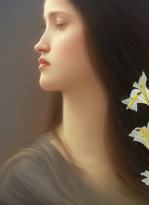 Prompt: oil painting close up portrait of a young woman with long dark flowing hair in a black dress, surrounded by white lilies!! at sunset, hazy, digital art, chiaroscuro, artstation, cinematic, golden hour, digital art painting by greg rutkowski, 7 0 s japanese sci - fi book art, william - adolphe bouguereau, hazy atmosphere, cinematic lighting