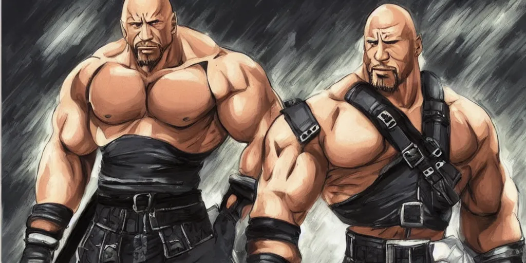 Image similar to anime portrait of dwayne johnson as barret from final fantasy 7