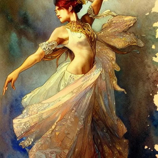 Image similar to a beautifull intricate watercolour painting of a dancing balerinas in ateliere, reflexions, verry high details by william turner art, greg rutkowski and alphonse mucha, trending on artstation, very very detailed, masterpiece,