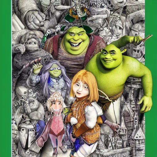 Image similar to Shrek 2 illustrated by Yoshitaka Amano highly detailed watercolor