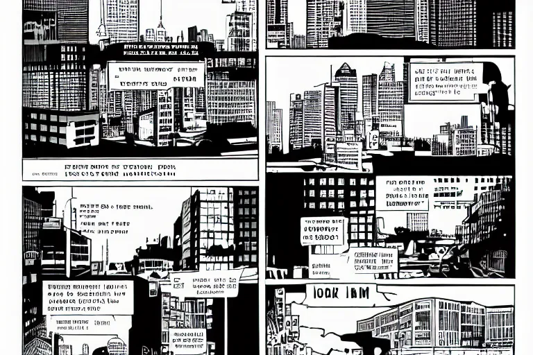 Prompt: super slick modern graphic book panel with dark speech bubbles, avant-garde font and graphics, matte finish, glossy finish, speech bubble saying I am an outdoorsy guy I like looking at the exteriors of urban infrastructure.