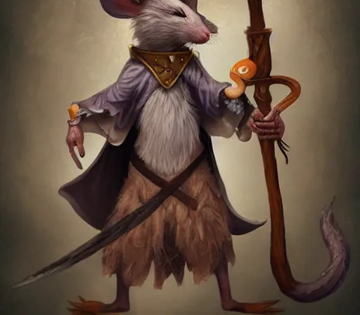 Image similar to anthropomorphic rat wielding a magic staff wearing wizard robe, cute and adorable, pretty, beautiful, DnD character art portrait, matte fantasy painting, DeviantArt Artstation, cinema