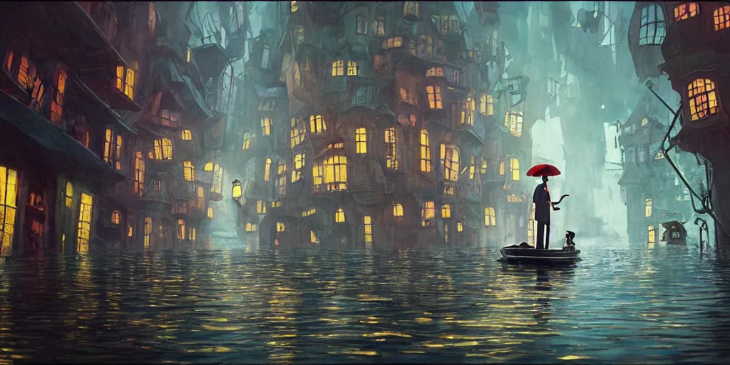 Image similar to a realistic and atmospheric cell - shaded concept art from howl's moving castle ( 2 0 0 4 ) of a multi - colored ufo. a man with an umbrella is standing in a boat in a flooded alleyway. it is a misty starry night. very dull colors, hd, 4 k, hq