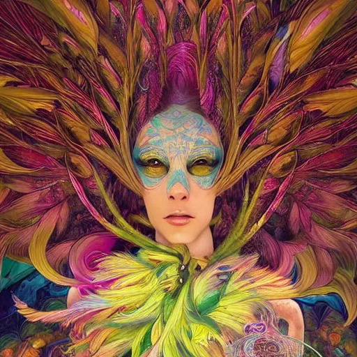 Image similar to A reality bending psychedelic ayahuasca experience, colorful, distorted, surreal, tropical bird feathers, dramatic lighting on the face, intricate, elegant, highly detailed, digital painting, concept art, smooth, sharp focus, illustration, art by Krenz Cushart and Wayne Barlowe and alphonse mucha