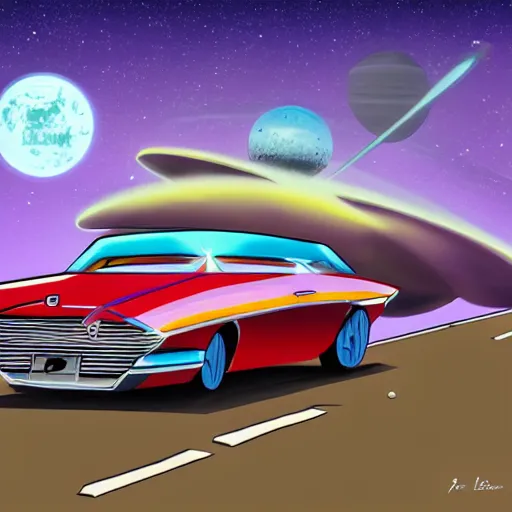 Image similar to 1960s car on a road in space driving towards a planet, trending on art station