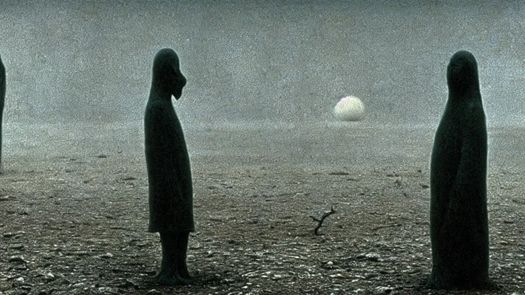 Image similar to the strange creature was sad, for they could not speak, film still from the movie directed by christopher nolan and david cronenberg with art direction by zdzisław beksinski and dr. seuss