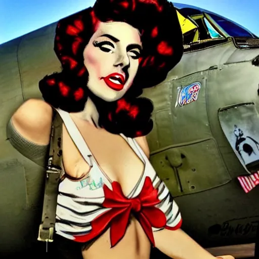 Prompt: lady gaga as a pinup model as nose art on the front of a b - 1 7 bomber