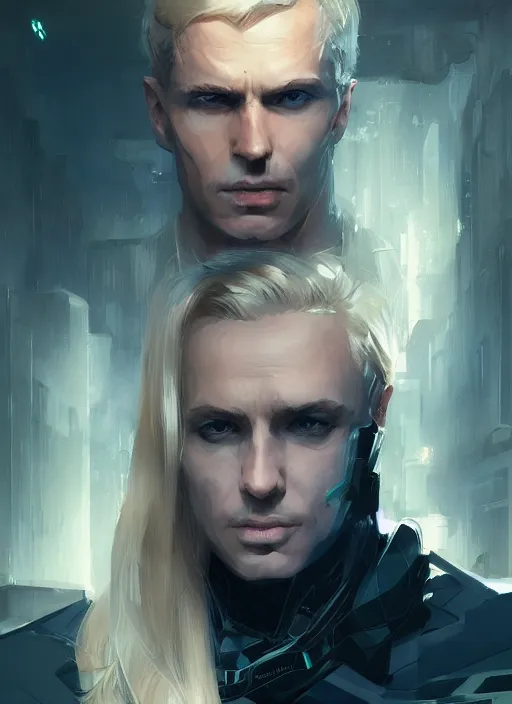 Image similar to portrait of a blonde bruce wayne, futuristic, cyberpunk, cybernetic enhancements, concept art, trending on artstation, greg rutkowski