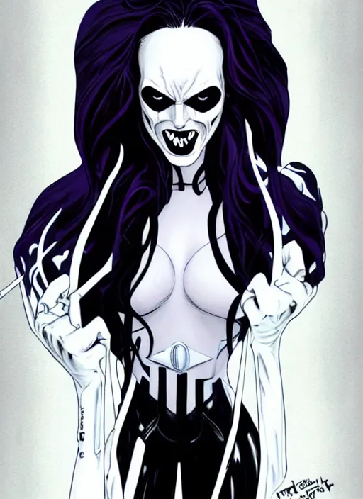 Image similar to Rafeal Albuquerque comic art, Joshua Middleton comic art, pretty female completely white skin, black paint swirl under left eye, Phoebe Tonkin as Death superhero Sandman SC comics, fun smile, full body goth outfit, long wavy black hair:: sunny weather::