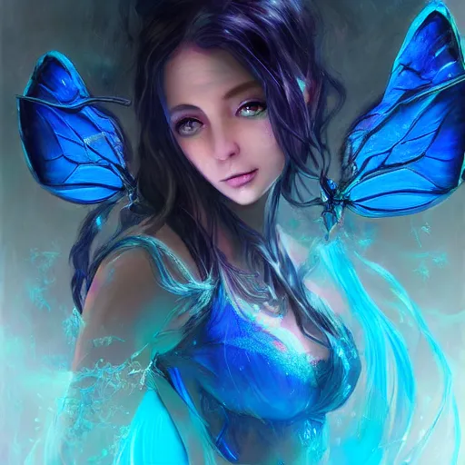 Prompt: beautiful faery sorceress, glowing blue butterflies, flowing blue air, digital paint brush, in the style of artgerm, illustration, epic, fantasy, intricate, hyper detailed, artstation, concept art, smooth, sharp focus, vibrant, indi creates