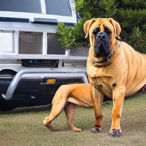 Prompt: a big boerboel dog in front of a wafflehouse