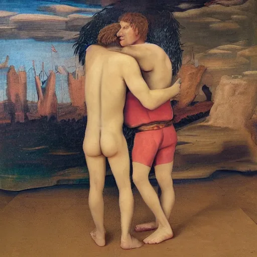 Prompt: two men hugging each other in front of a backdrop, a picture by justin currie, tumblr contest winner, art brut, renaissance painting, lighthearted, seapunk