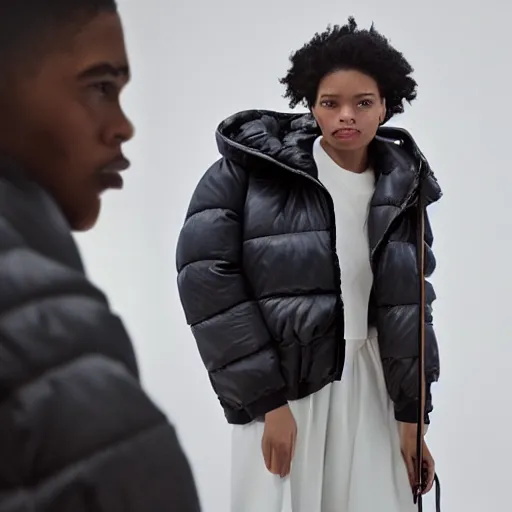 Prompt: realistic photoshooting for a new balenciaga lookbook, color film photography, portrait of a beautiful woman, woman is wearing a puffer jacket, in style of Tyler Mitchell, 35mm,
