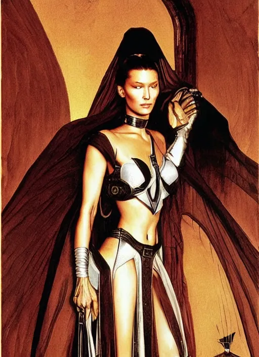 Prompt: upper body portrait of bella hadid as gaius helen mohiam bene gesserit mother in dune 1982, by norman rockwell and jason fabok and tom lovell and frank schoonover and dean cornwell and everett raymond kinstler