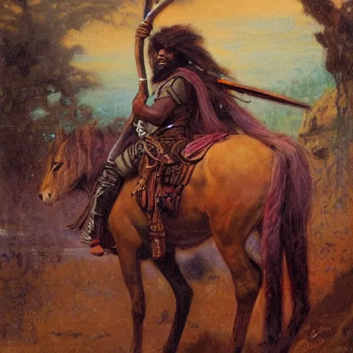 Prompt: a medieval hunter with african ethnicity and dreadlocks, plum color scheme, fantasy character portrait by gaston bussiere