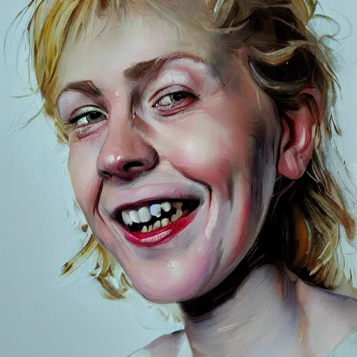 Prompt: portrait painting of woman from scandinavia, old teenager, blonde hair, daz, occlusion, smiling and looking directly, brushstrokes, white background, art by enki bilal