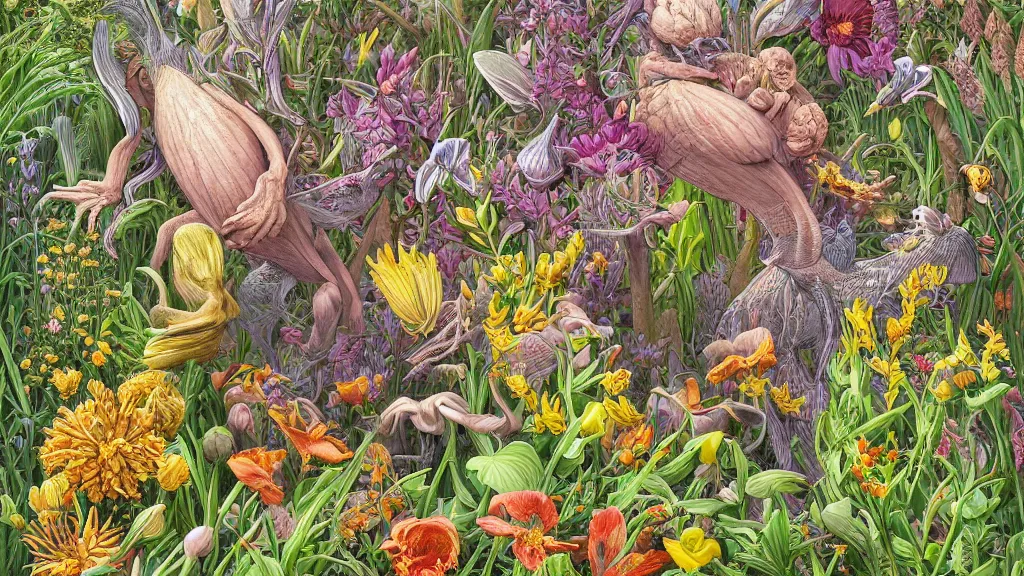 Prompt: highly detailed illustration all the known species of flowers by juan gatti!!, by gottfried bammes, by george bridgman, by moebius!, by oliver vernon, by joseph moncada, by damon soule, by manabu ikeda, by kyle hotz, by dan mumford, by kilian eng