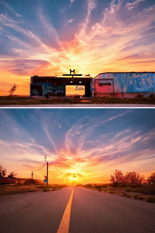 Image similar to a sunset light landscape with historical route 6 6, lots of sparkling details and sun ray ’ s, blinding backlight, smoke, volumetric lighting, colorful, octane, 3 5 mm, abandoned gas station, old rusty pickup - truck, beautiful epic colored reflections, very colorful heavenly, softlight